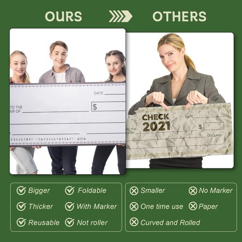 33 * 14 Inch Large Giant Big Fake Hard Oversized Checks Award for Presentations Collapsible Reusable Premium PP Plastic Board with Marker and Adhesive Strips
