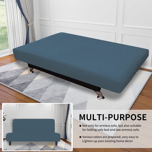 Easy-Going Stretch Futon Slipcover Armless Futon Bed Cover Furniture Protector Without Armrests with Elastic Bottom for Kids, Soft Jacquard Fabric Small Checks (Large, Bluestone)