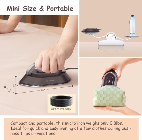 Newbealer Travel Iron - Mini Dry Iron with Global Voltage, 300W Power, Non-Stick Soleplate | Ultra-Lightweight Brown
