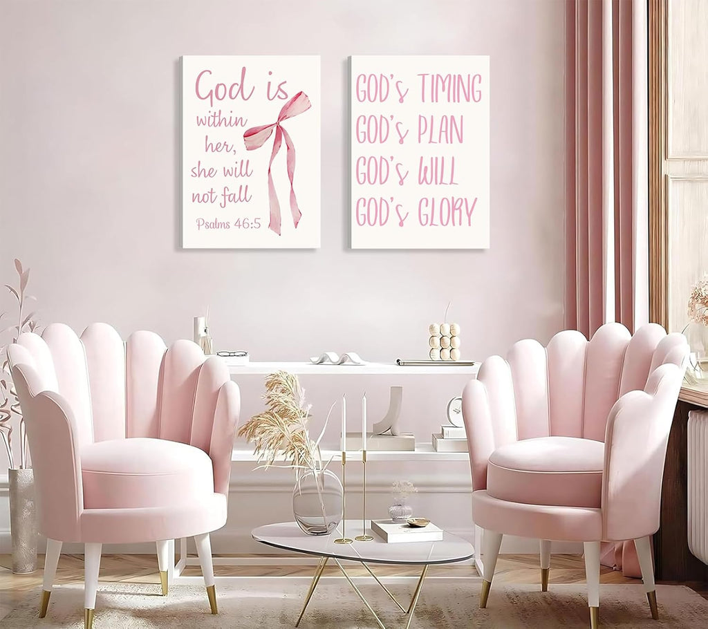Coquette Pink Bow Canvas Wall Art - Inspirational Bible Verses for Girls' Room Decor | 12"x16" Framed Print