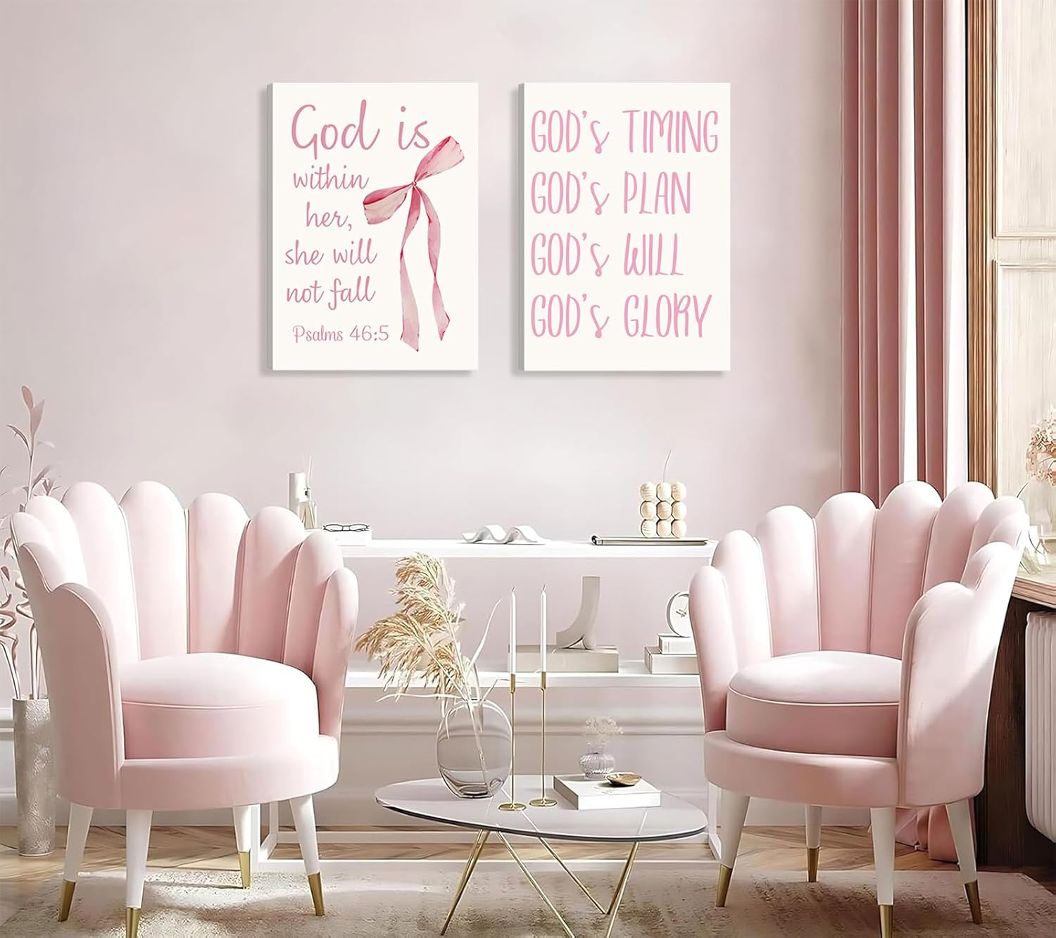 Coquette Pink Bow Canvas Wall Art - Inspirational Bible Verses for Girls' Room Decor | 12"x16" Framed Print