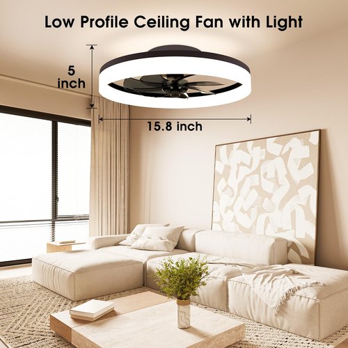 ropelux Ceiling Fan with Light and Remote, Color Temperature Changeable and Dimmable with 6 Speeds for Bedroom,Kids Room (RP1138-Black, 15.7 inches)
