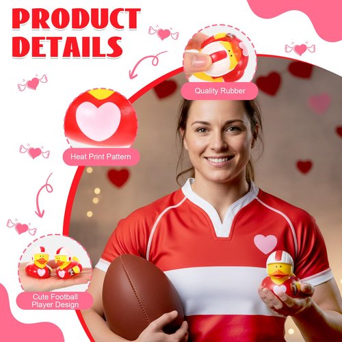 Civaner 24 Pcs Valentines Day Football Rubber Ducks 2 Inch Red Mini Football Player Rubber Ducks Bulk Heart Themed Duckies for Valentines Gifts Team Prize Party Favors Bag Stuffers