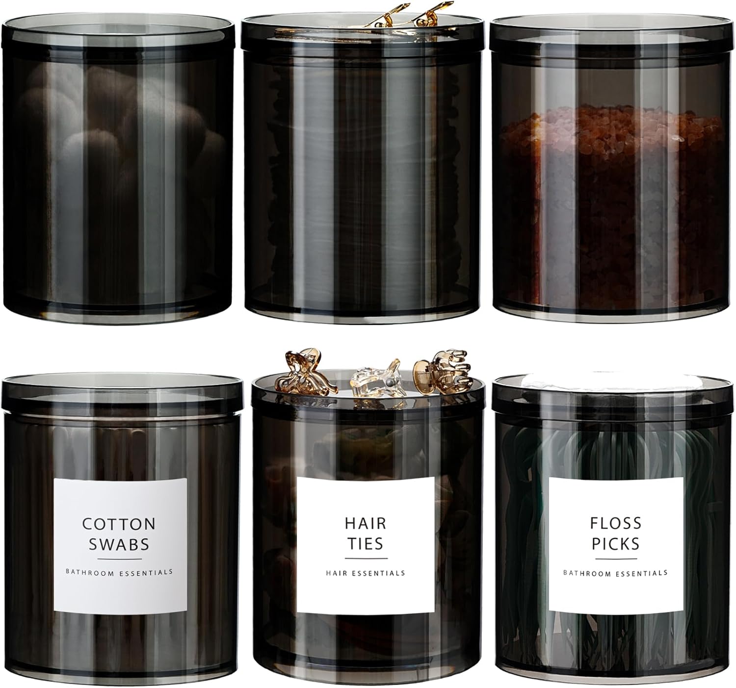 SheeChung Qtip Holder & Black Apothecary Jars Set - 6-Pack Bathroom Storage for Cotton Swabs & Makeup Sponges