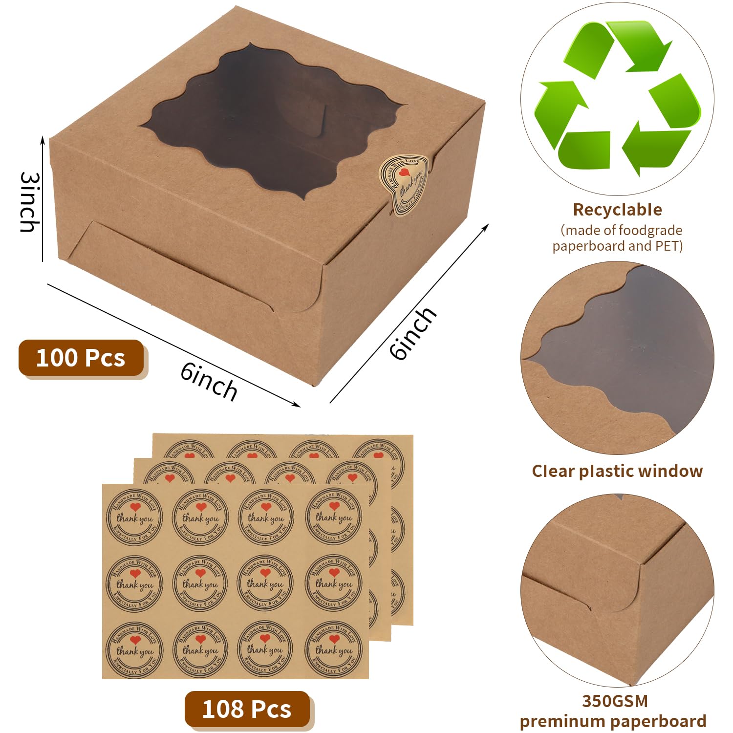 PFAMKEER 100 pcs 6x6x3 Inches Small Cake Box with Window, Bakery Pastry Cookie Boxes, Mini Pie container for Pastry,Dessert,Strawberries,Chocolates, Cupcakes with paper stickers (Brown)