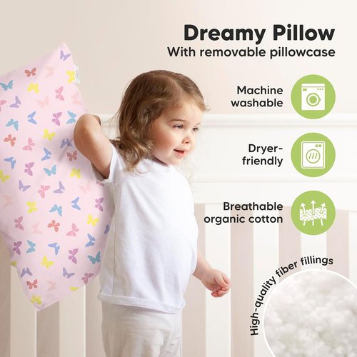 KeaBabies Jumbo Toddler Pillow - Soft Organic Cotton with Pillowcase, Machine Washable | Perfect for Travel (Flutter)