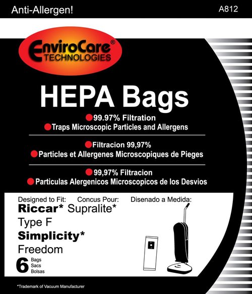 EnviroCare Replacement HEPA Filtration Vacuum Cleaner Dust Bags made to fit Riccar Supralite Type F and Simplicty Freedom Uprights