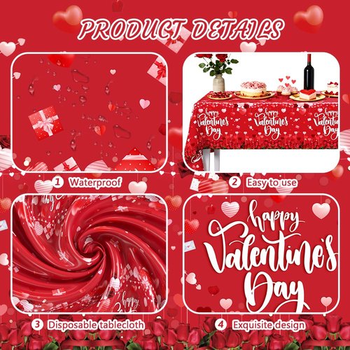 AIBIIN 3 Pieces Red Valentines Day Tablecloth Flower Happy Valentine's Day Decorations Disposable Party Supplies Valentines Day Party Plastic Table Cloth Disposable Table Covers 108 x 54 Inch