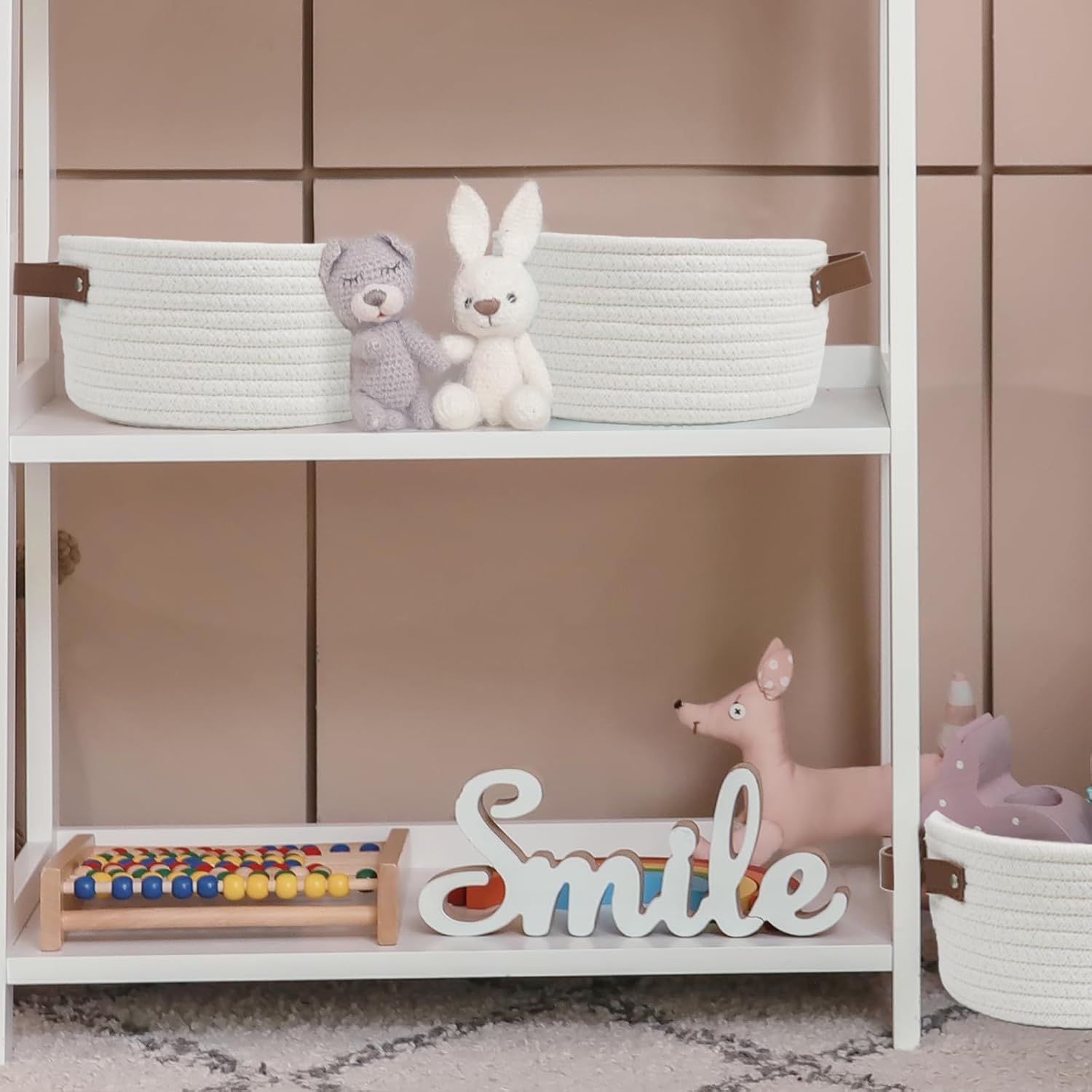 Skiennix Small Woven Basket - Cute Mini Cotton Rope Storage Bin with Leather Handle | Boho Nursery Organizer