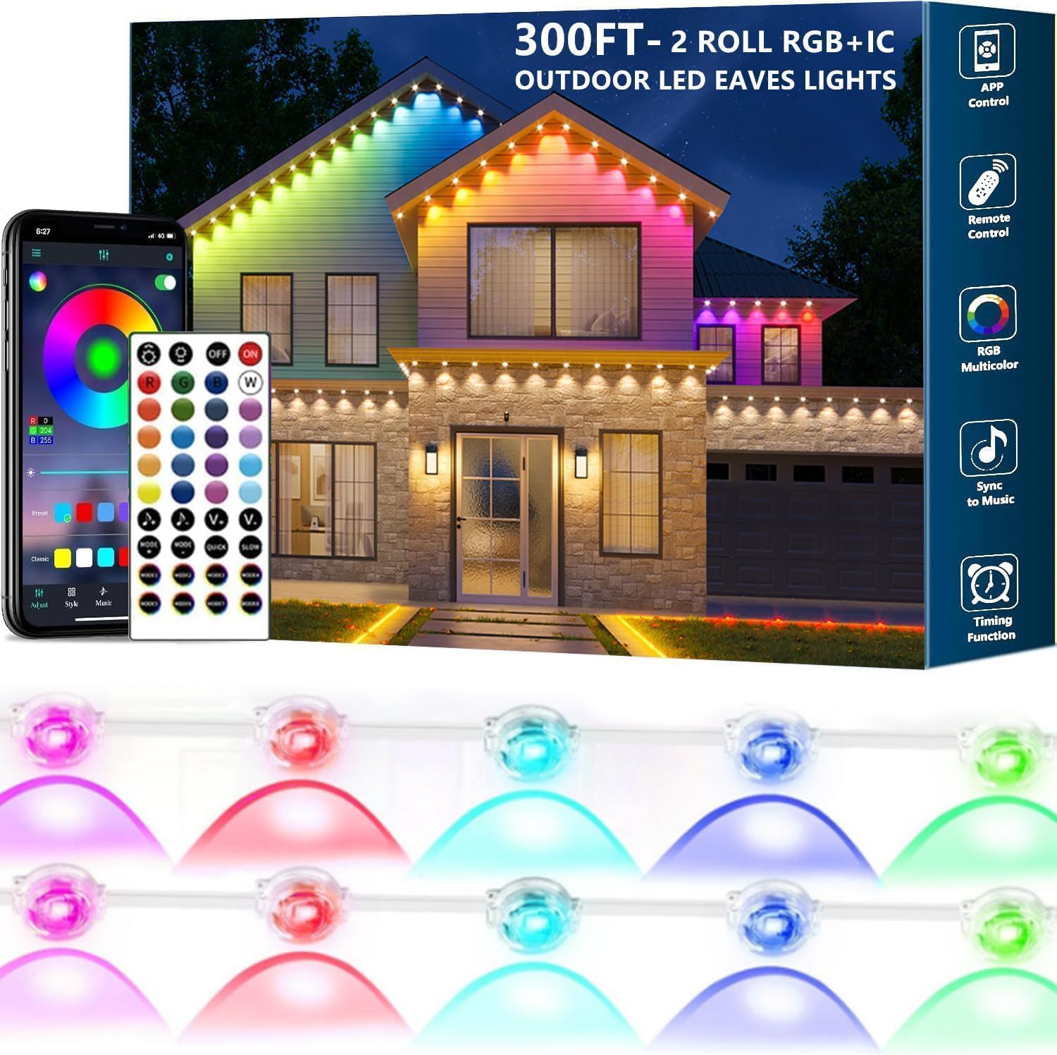 Sxlofty 300FT Permanent Outdoor Lights for House,RGB+IC Smart Outdoor Decor,Scene Modes, App/Remote Control,IP67 Waterproof, for Christmas,Holiday, Daily & Pool Party Decor, House Roof Lighting