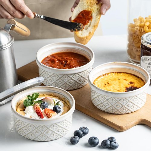 40 Oz Ramekins - Ceramic Airtight Bowls Set of 4 | Large Mixing Bowls with Lids for Salad, Soup, Pasta & Baking - Beige