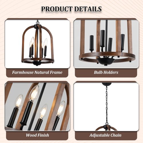 Farmhouse Wood Chandelier, 4-Light Light Fixtures, 12.6” Brown Wood Chandeliers for Dining Room, Hanging Pendant Chandeliers with Candle Style E12 Base for Living Room Kitchen Island Bedroom Foyer