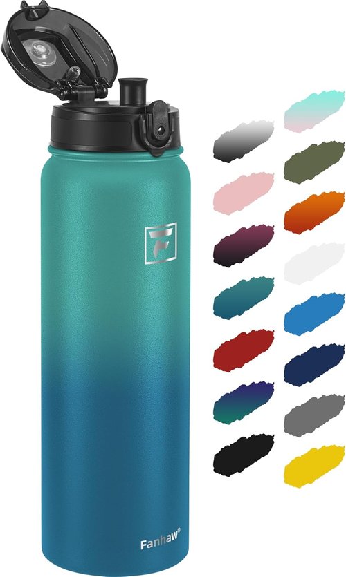 Fanhaw 32 Oz Insulated Stainless Steel Water Bottle - Leakproof Vacuum Design | Anti-Dust Chug Lid (Green Blue)