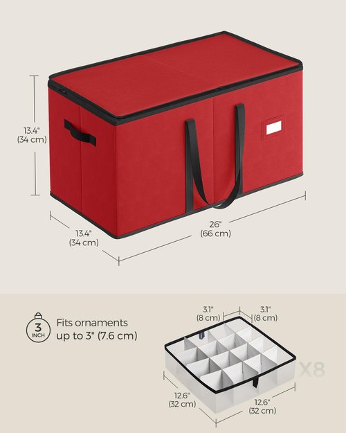 SONGMICS Christmas Ornament Storage Box, Dual Zippers, Stackable Christmas Storage Container with Lid, 8 Trays, 600D Oxford, 3-Inch 128 Slots, Cherry Red URFB035R01