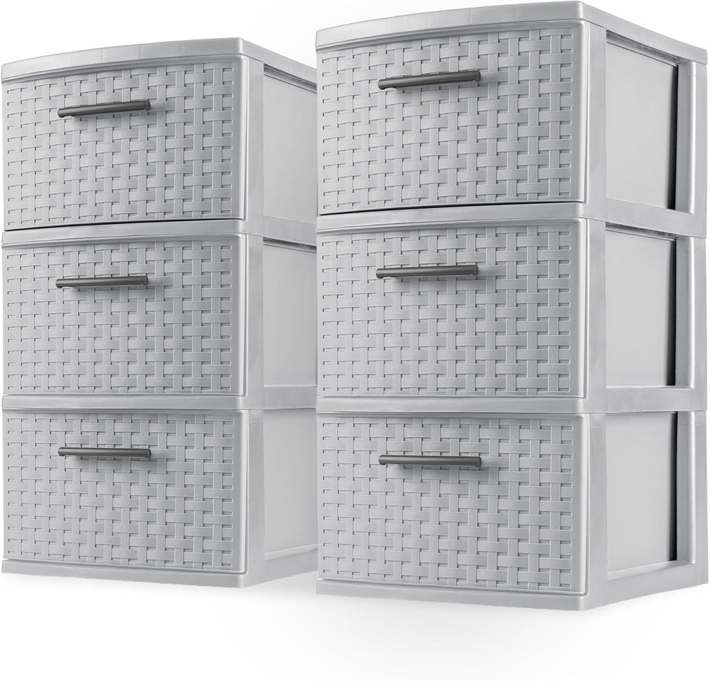 Sterilite 3 Drawer Storage Tower - Medium Plastic Weave Organizer in Cement | Lightweight for Bedrooms & Closets