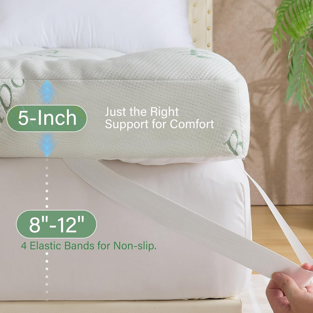 WhatsBedding 5-Inch Memory Foam Mattress Topper - Soft Bamboo Viscose, Breathable Design, Queen Size 80x60in