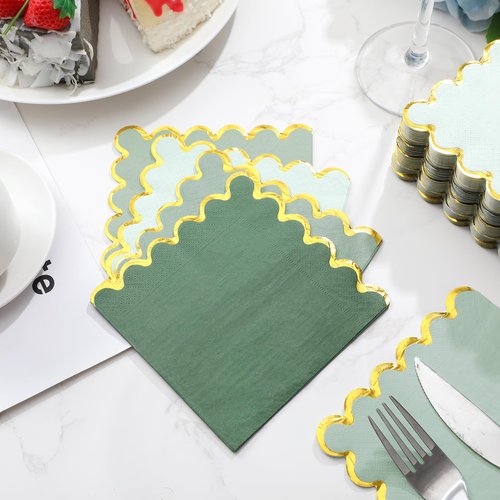 Saypacck 100 Pack Scalloped Cocktail Napkins with Gold Foil Accents Beverage Napkins Scalloped Disposable Paper for Wedding Shower Baby Dinner Birthday Party Supplies 5 x 5''(Green)