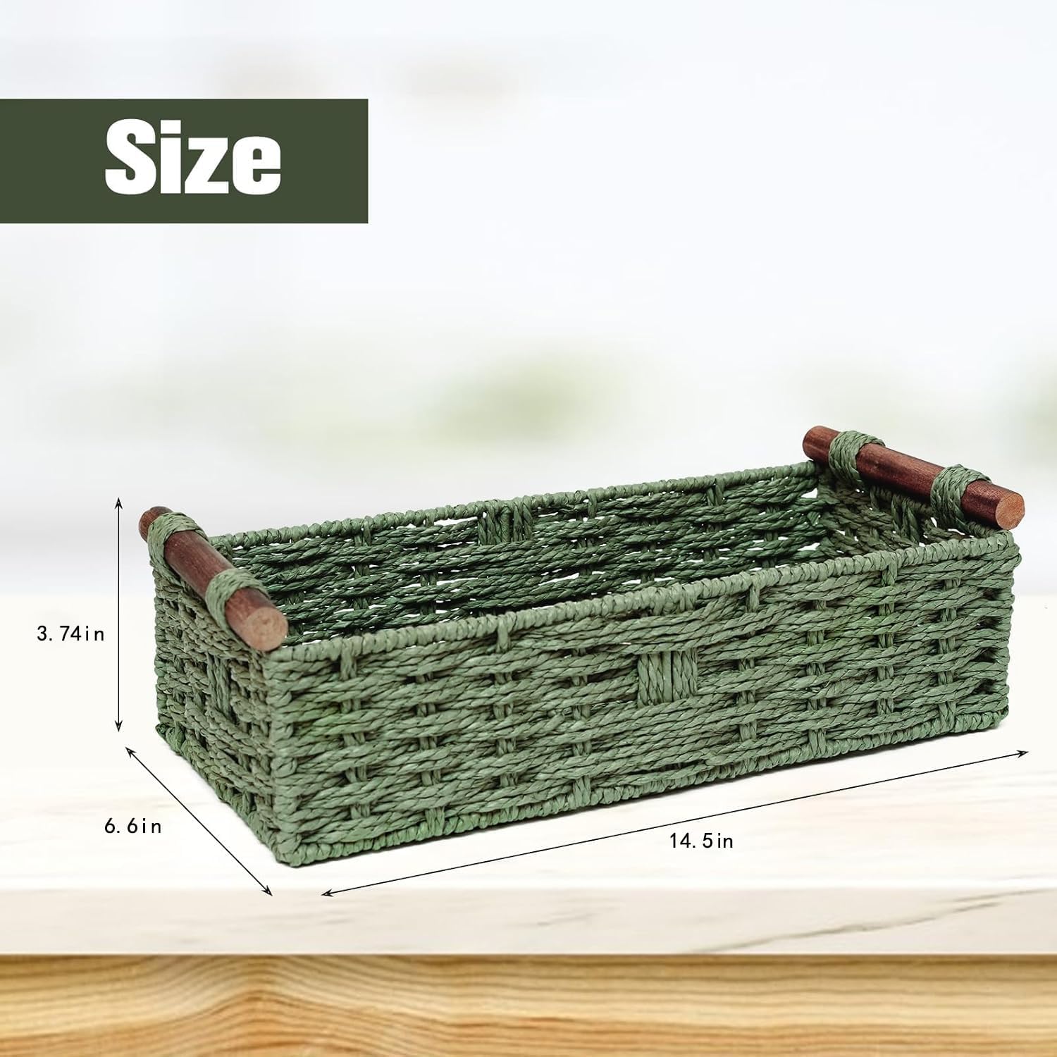 Skiennix Round Paper Rope Storage Basket - Decorative Wicker Organizer with Handle | Green, Small Size