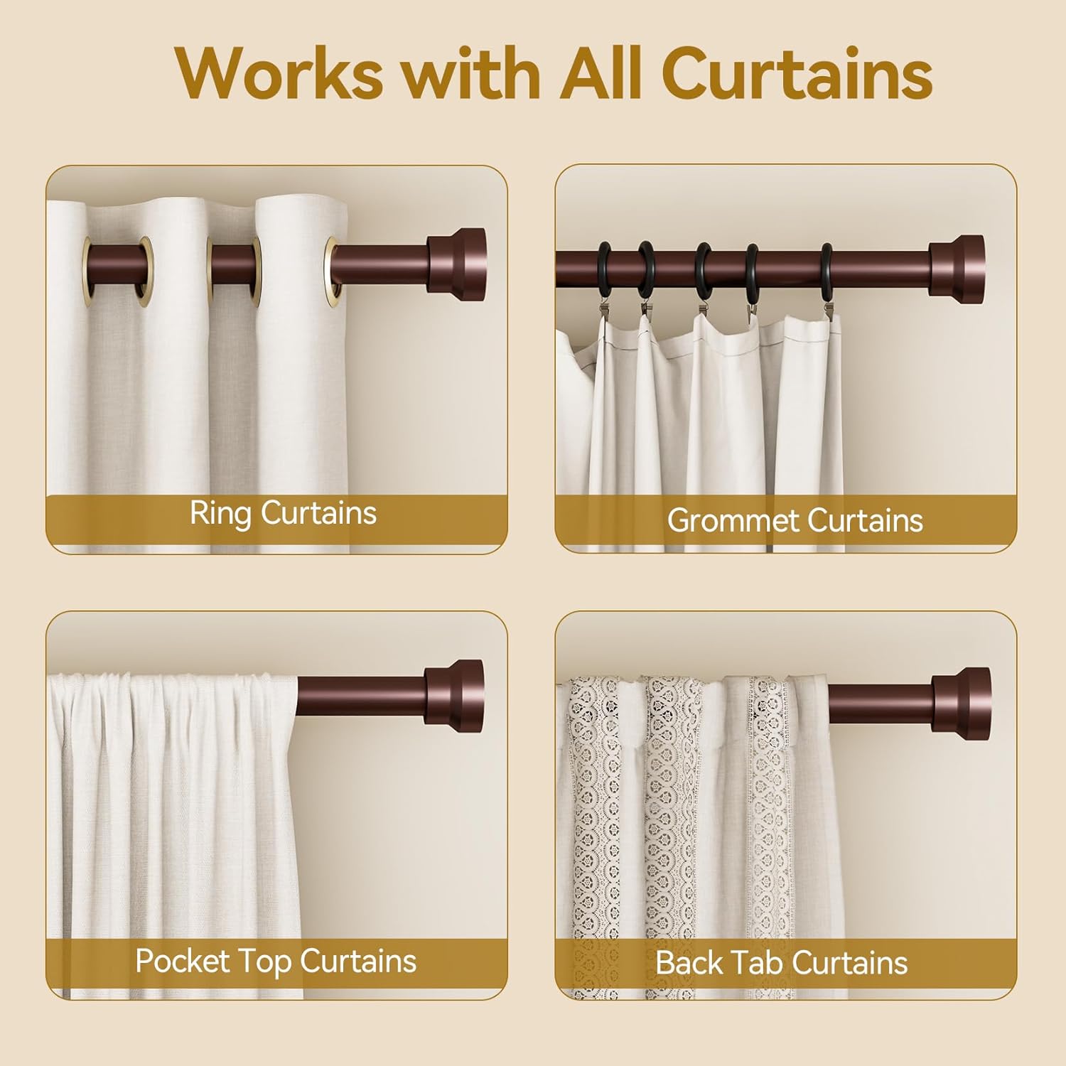 YaFex Adjustable Curtain Rods - Heavy Duty 1 Inch, 32-118 Inch, Modern Bronze Design, Easy Installation