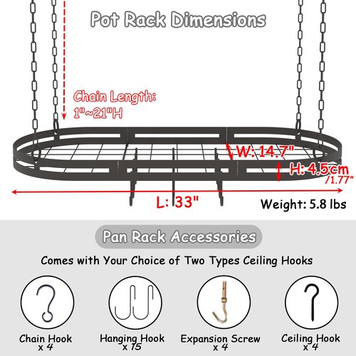 33” Hanging Pot Rack Ceiling Mount, Black Metal Pan Rack Hanging with 15 Hooks, Oval Pots and Pans Hanging Rack, Ceiling Hanging Pot Racks with Grid, Pan and Pot hangers for Kitchen Cookware Utensils