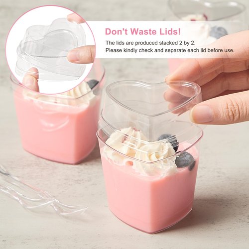TOFLEN 100 Pack Heart Shaped Dessert Cups with Lids and Spoons, 5 oz Mini Plastic Shooter Cups for Parfait, Pudding, Fruit, Cheesecake, Mousse, Jello, Yogurt, Appetizer