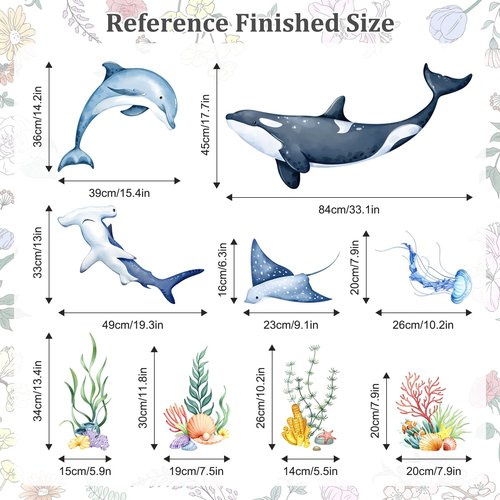 Whales Under The Sea Wall Decals, Sea Turtles Dolphin Jellyfish Wall Stickers Rays Coral Seaweed Peel and Stick Wall Decal Self Adhesive Wall Art Sticker for Baby Nursery Kids Room Home Decor
