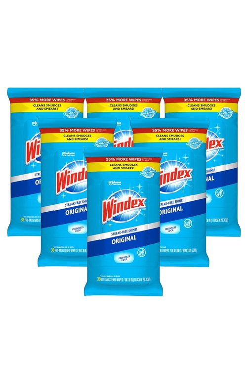 Windex Glass Cleaning Wipes, Pre-Moistened Glass and Surface Wipes to Clean Home Surfaces, Household Essentials, Original Scent, 38 Count (Pack of 6)