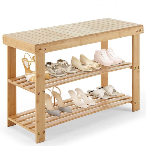 DUMOS Shoe Rack Bench, 3-Tier Bamboo Entryway Benches, Holds Up to 286 lb Storage Organizer, 11.22 x 27.6 x 18 Inches, Suitable for Bedroom Living Room Balcony, Classical Wood