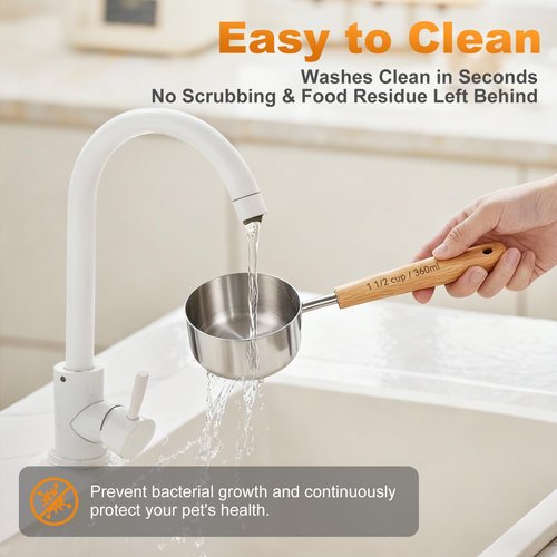 TREMENDRY 1PCS 1-1/2Cup(360ml | 12oz) Dog Cat Food Scoop, 18/8(304) Stainless Steel Measuring Cup with Wooden Handle, Etched Measurements Inside, BPA Free Portion Control for Pets & Kitchen Use