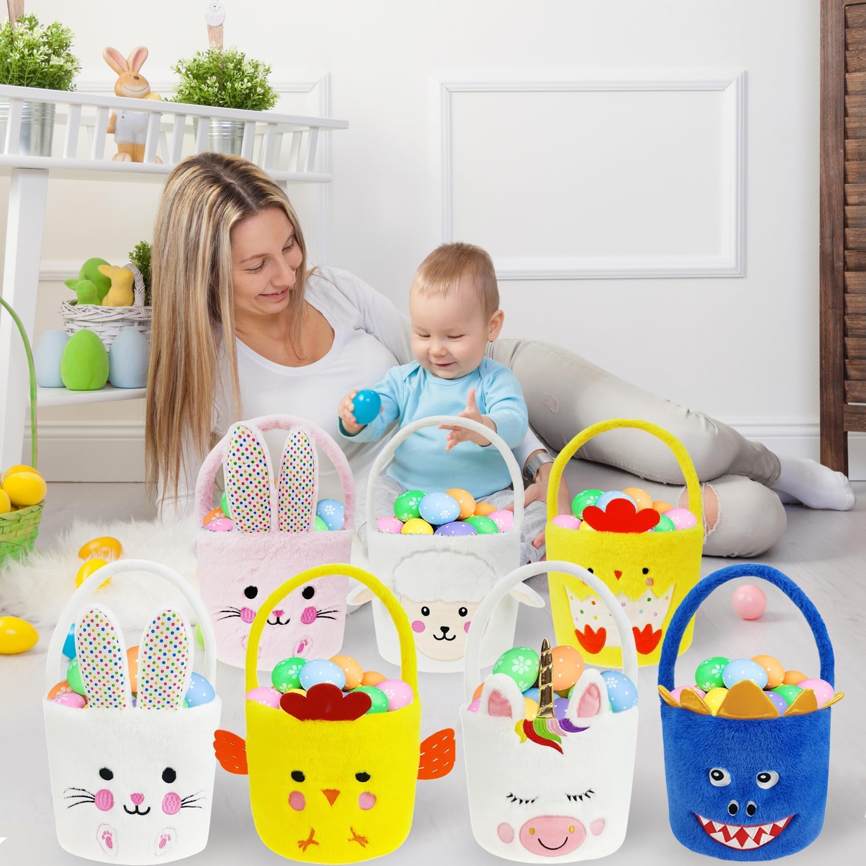 DearSun 2 Pcs Halloween Basket Plush Trick or Treat Bag, Halloween Candy Bucket for Kids Gifts Party Decoration Supplies, Dia 8" * H 15.7" (Unicorn&Dinosaur)