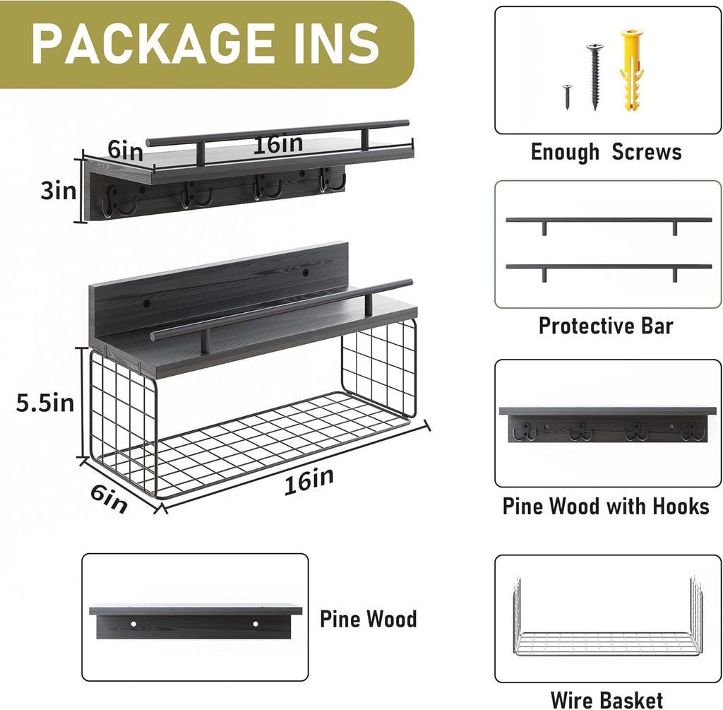 Regine Switzerland Floating Shelves - Black Bathroom Wall Shelves Set of 2 with Basket & Hooks