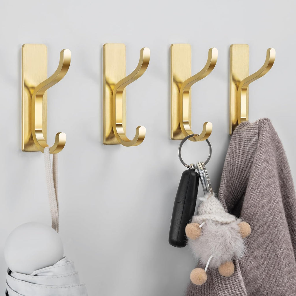 Pickpiff Adhesive Wall Coat Hooks - Heavy-Duty Stick-On Metal Hangers for Towels, Bags & Jackets - Gold, 4 Pack