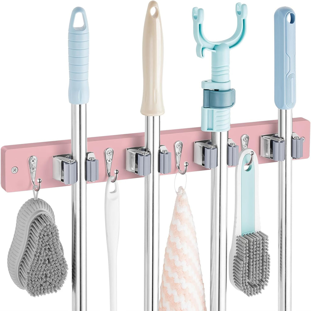 OUTNILI Pink Mop Broom Holder - Wall Mount Organizer with 4 Slots & Hooks for Kitchen & Laundry Room Decor