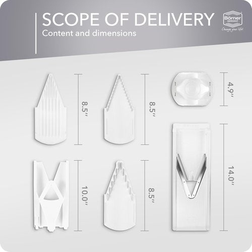Börner Mandoline Slicer V3 (Starter Set) • V-Slicer for 5 Cutting Styles with Fruit Holder • Adjustable Vegetable Slicer for Vegetables & Fruits • Stainless Steel V-Blade • Color: White