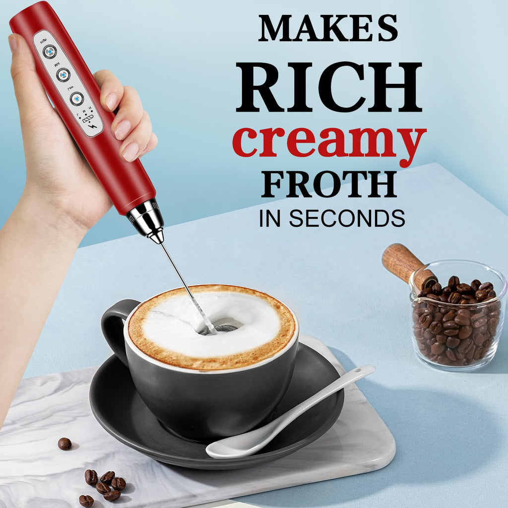 Milk Frother Handheld with Stand, Electric Whisk 3 Speed Adjustable, Drink Mixer with Stainless 3 Whisk, Rechargeable Hand Frother Wand, Foam Maker for Latte Cappuccino Hot Chocolate Egg Red