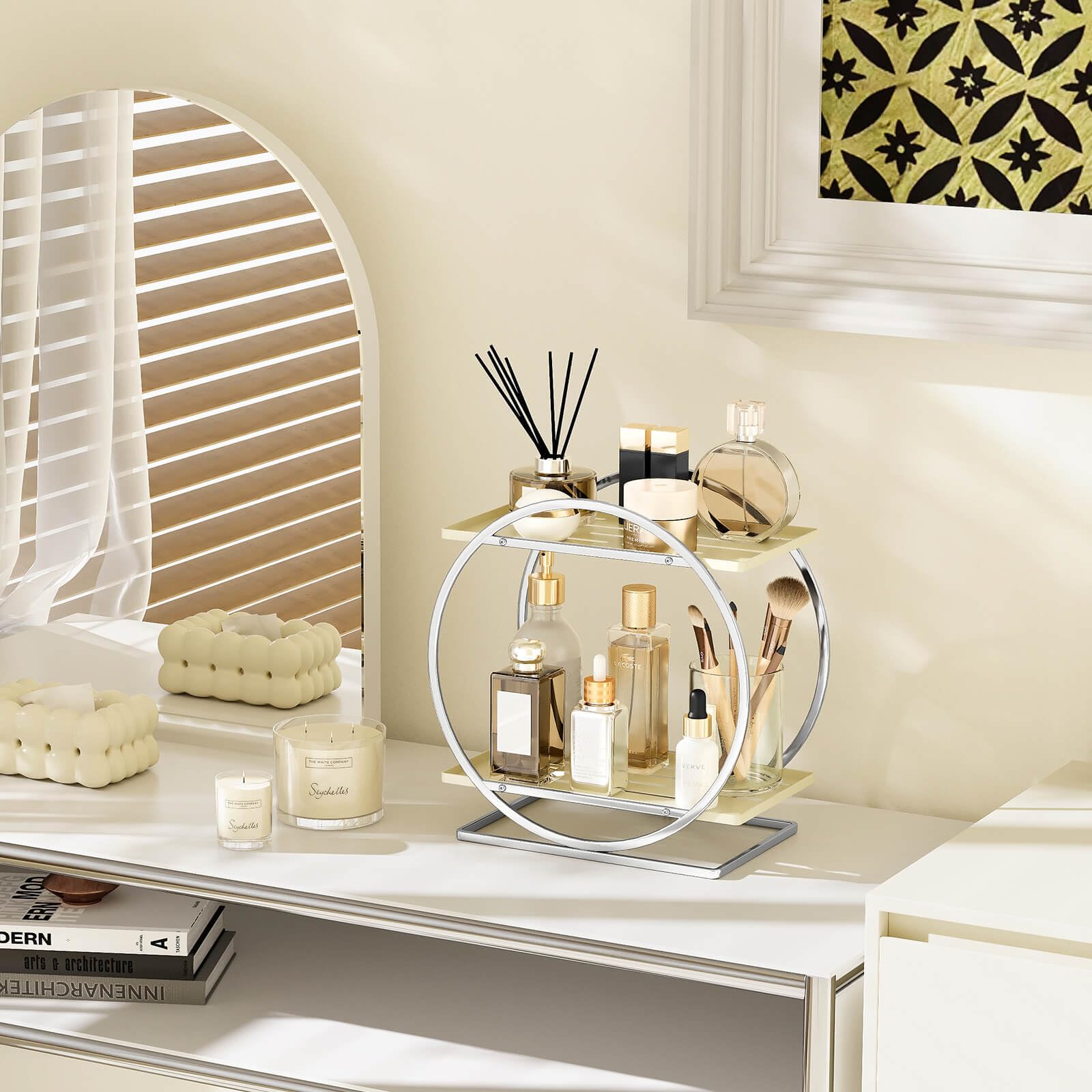 YIWANFW Perfume Organizer for Dresser, 2-Tier Bathroom Counter Organizer, Elegant Makeup Organizer for Vanity, Multi-Purpose Cosmetics Skincare Organizers Countertop (Silver Frame & Cream White Tray)