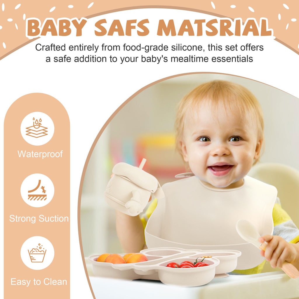 MIICASA Silicone Baby Feeding Set, Baby Led Weaning Supplies, Silicone Suction Butterfly Plate, Bowl, Spoons, Fork and Waterproof Bib & Cloth Bib, Eating Utensils Baby Feeding Essentials (Beige)