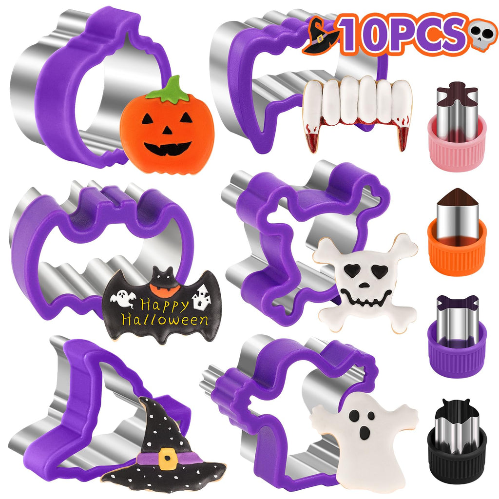 NPET Halloween Cookie Cutters for Kids Lunch 10Pcs, DIY Uncrustable Halloween Kids Lunch Cookie Cutters Peanut Butter & Jelly Cookie Cutter Gifts Press Boys Girls Purple