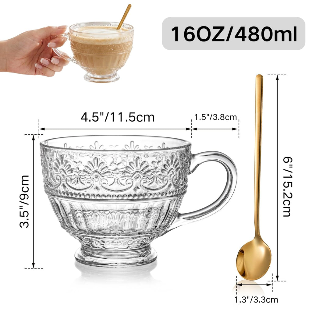 AVLA 4 Pack Glass Coffee Mugs, 16 OZ Clear Tea Cups with Handle and Spoons, Crystal Drinking Glassware for Latte, Cappuccino, Americano, Juice, Hot Beverage, Water, Dishwasher & Microwave Safe