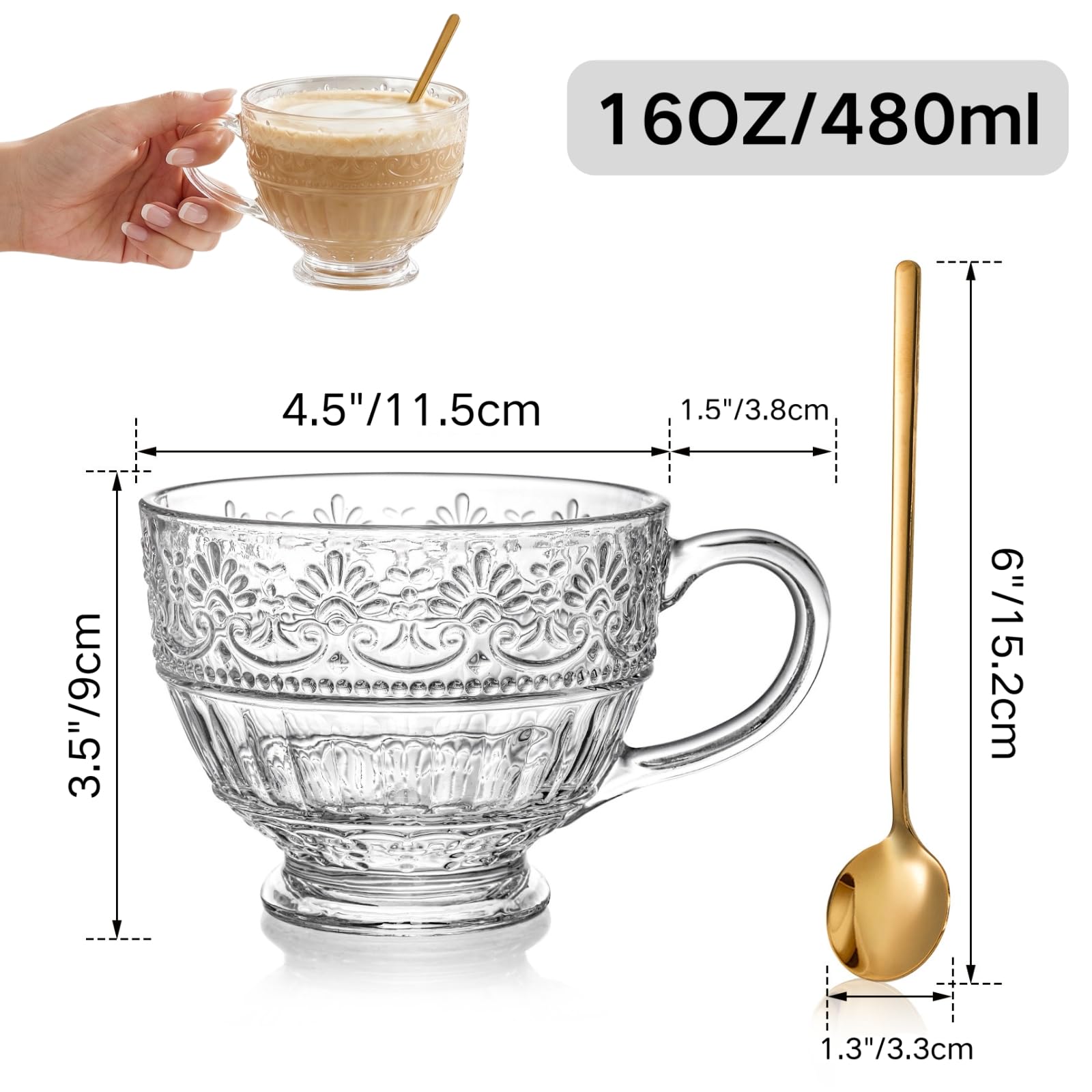 AVLA 4 Pack Glass Coffee Mugs, 16 OZ Clear Tea Cups with Handle and Spoons, Crystal Drinking Glassware for Latte, Cappuccino, Americano, Juice, Hot Beverage, Water, Dishwasher & Microwave Safe