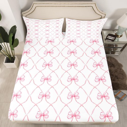 Erosebridal Pink Bowknot Bed Sheets Set Full Bow Knot Sheet Set for Kids Girls Butterfly Knot Bow Tie Sheets Aesthetic Coquette Bedroom Decor Geometric Cartoon Flat Fitted Sheet