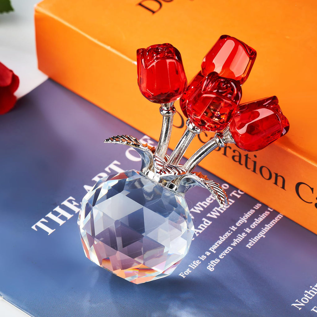 XLSJGYP Red Rose Crystal Flower Paperweight,Glass Flower Gifts for Sister Girlfriend Women Girl Wife,Crystal Flowers Bouquet Collectible for Valentine's Day Wedding Anniversary (Red Rose 02)