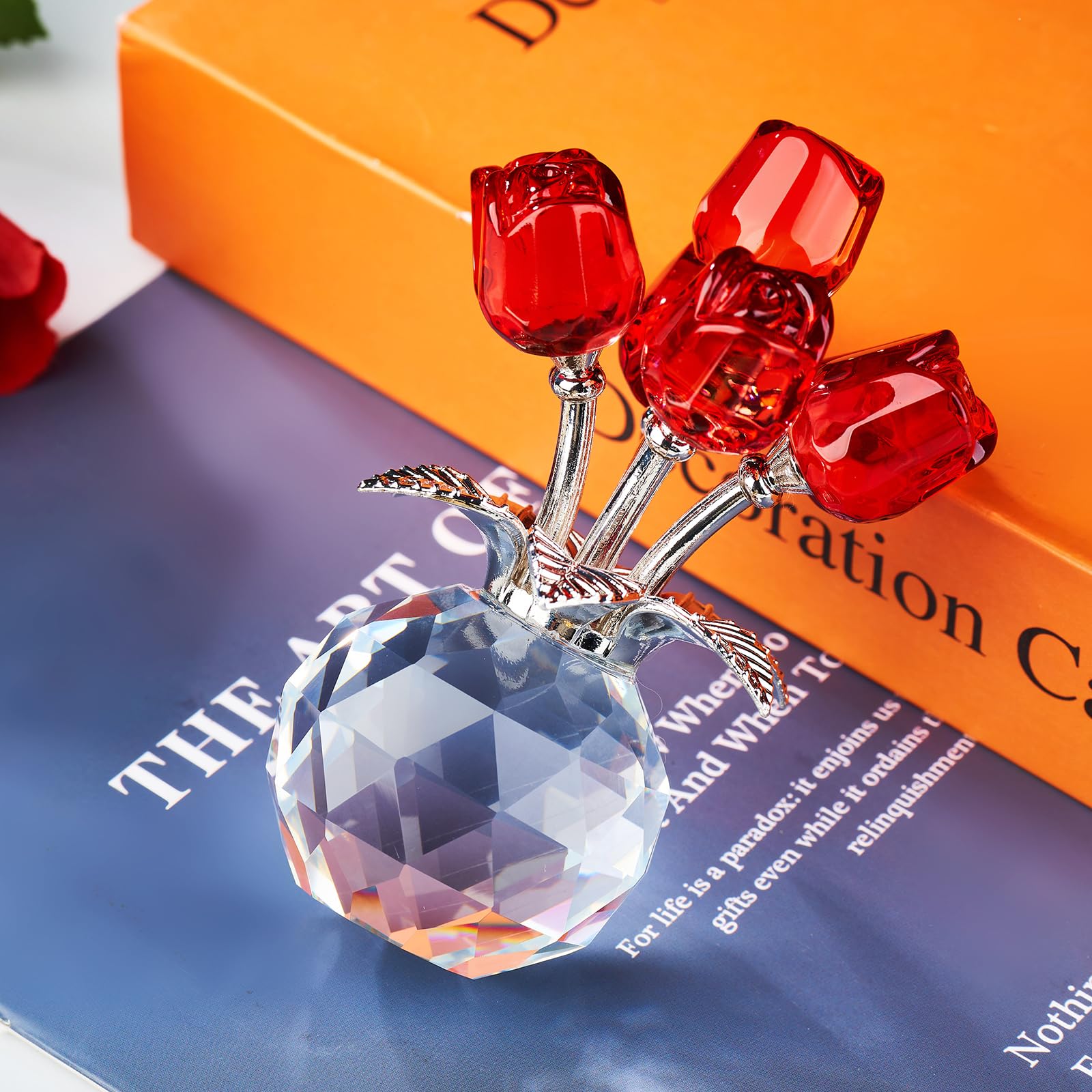 XLSJGYP Red Rose Crystal Flower Paperweight,Glass Flower Gifts for Sister Girlfriend Women Girl Wife,Crystal Flowers Bouquet Collectible for Valentine's Day Wedding Anniversary (Red Rose 02)