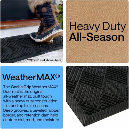GORILLA GRIP Waterproof All-Season WeatherMAX Doormat - Stain & Fade Resistant, Easy Clean, 29x17, Black Diamond