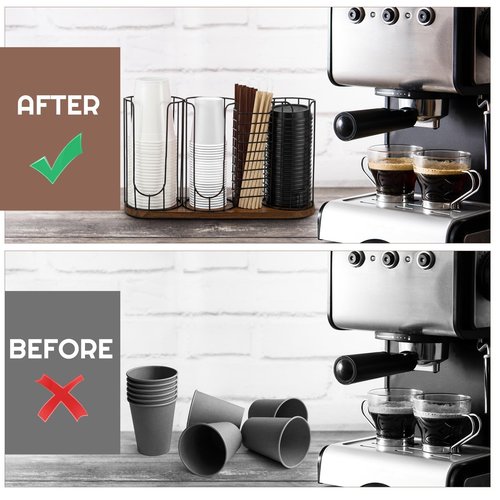Geelin Coffee Cup Dispenser, Cup Holder Organizer for Storing Paper Cups, Straws, Lids and Disposable Tableware(4-Compartment Single Layer, Black and Brown)