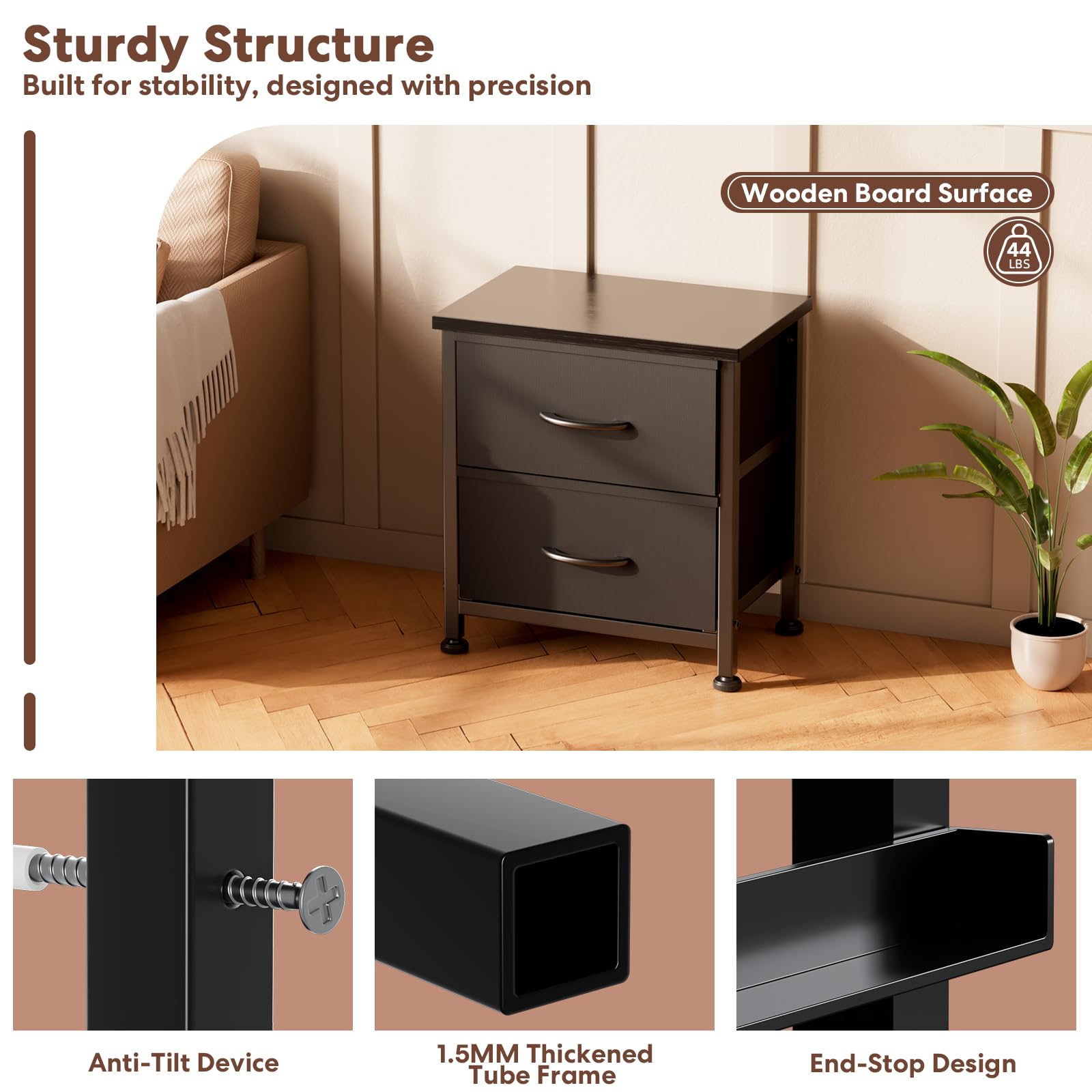 Simple Deluxe Nightstand 2 Drawers Dresser for Bedroom, 3-Tier Bedside Table with Fabric Bins, Night Stand Set 2, End Table for Living Room, Wood top Load-Bearing up to 44 lb, Black