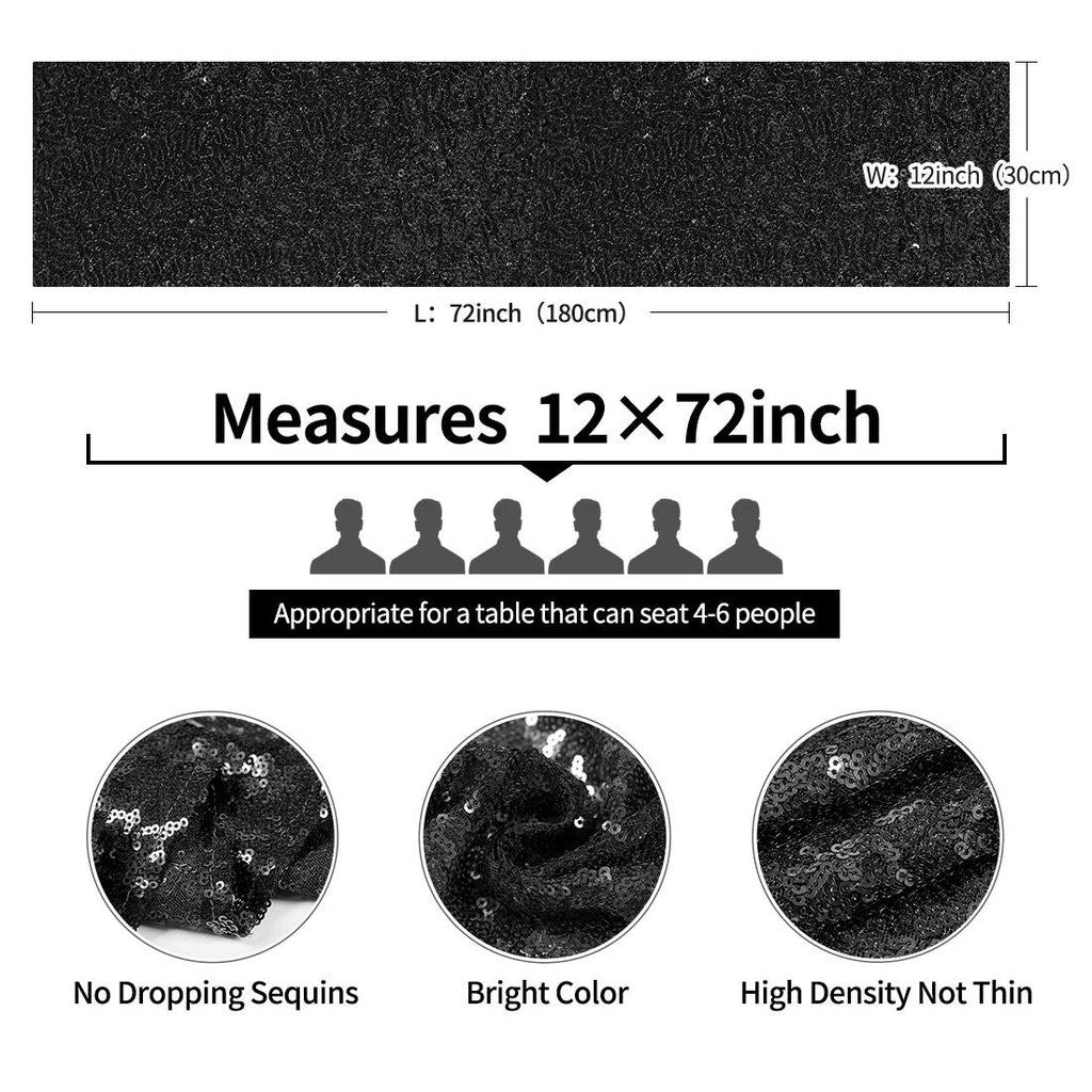 6 Packs 12 x 72 inches Black Sequin Table Runner, Glitter Runner for Birthday Party Supplies Decorations Wedding Bachelorette Holiday Celebration Bridal Shower Baby Shower