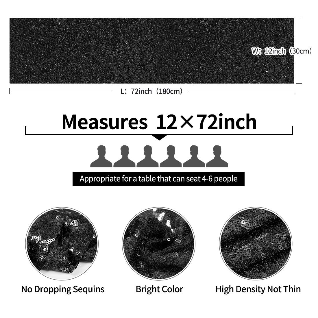 6 Packs 12 x 72 inches Black Sequin Table Runner, Glitter Runner for Birthday Party Supplies Decorations Wedding Bachelorette Holiday Celebration Bridal Shower Baby Shower