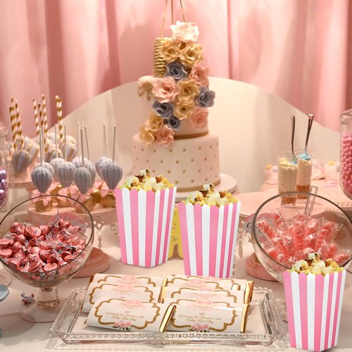 Ouligay 20 Pcs Pink Popcorn Boxes Mini Popcorn Bags for Party Small Puffed Rice Bowl Buckets Pink and White Striped Bags Paper Puffed Rice Container for Birthday Party Favor Movie Night Supplies