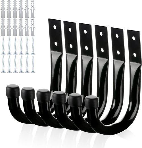 KURUI Heavy Duty Metal Wall Hooks - 6-Pack Garage Storage & Organization Hooks | Black J Hooks for Tools & Bags
